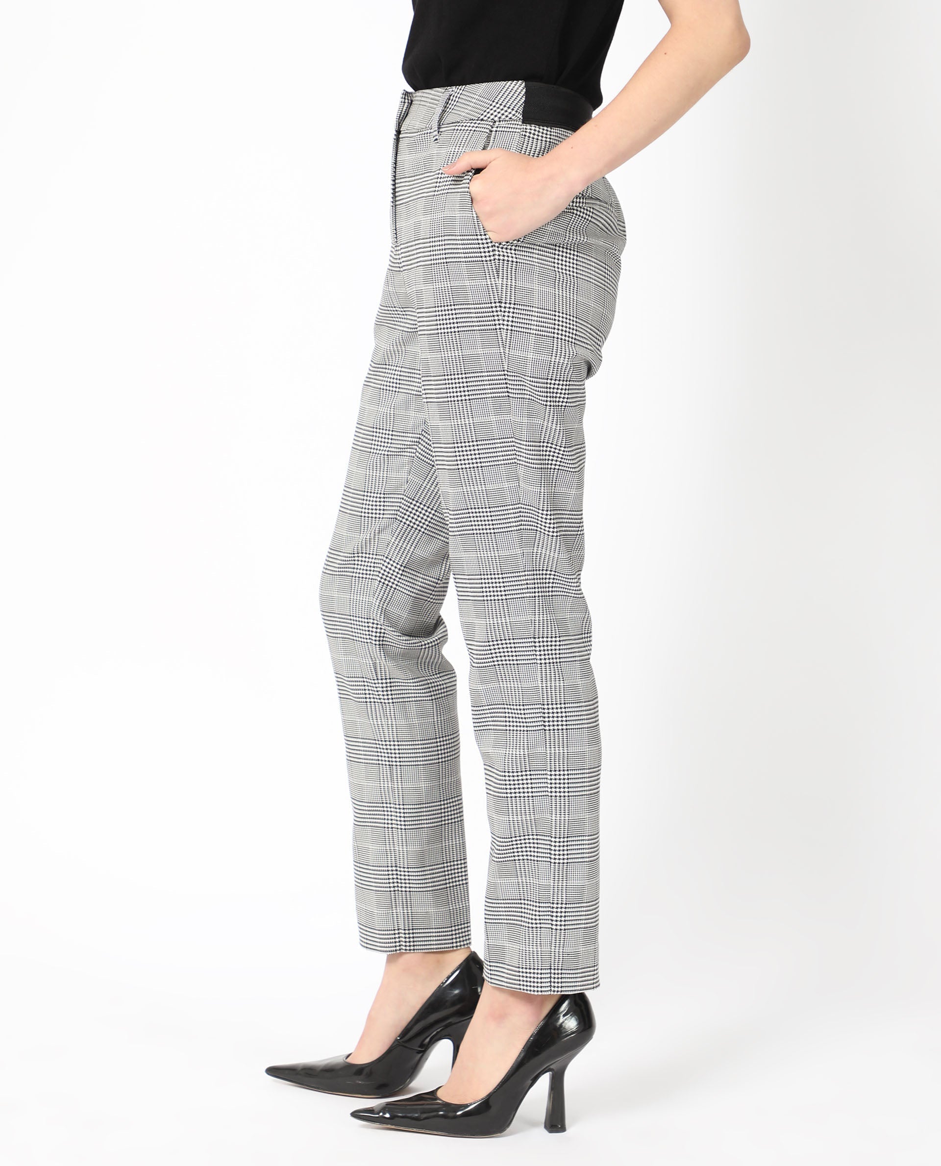 Rareism Women's Tucila Black Polyester Checked Ankle Length Tailored Trouser