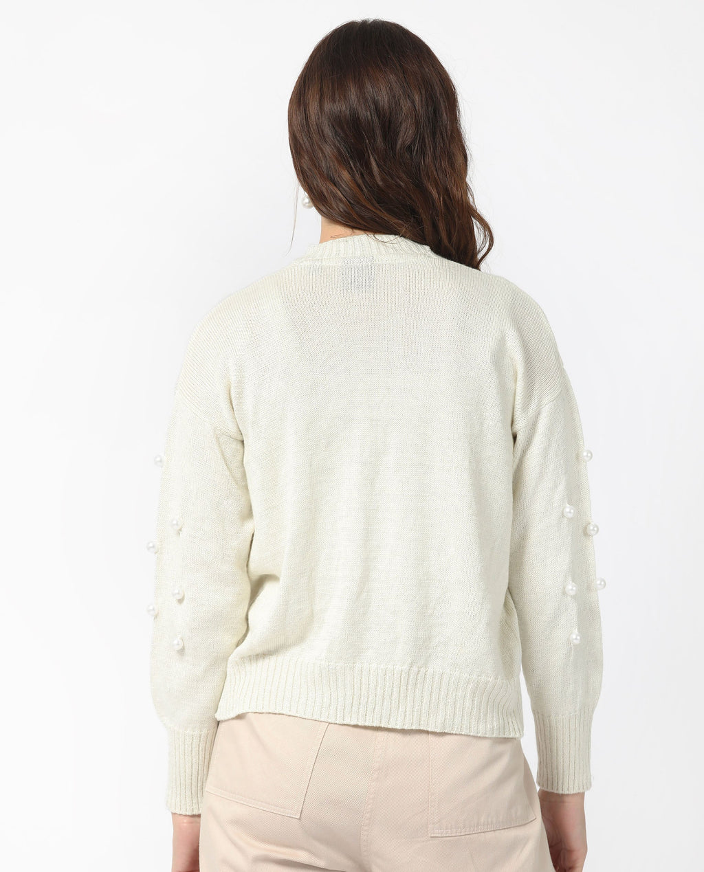 Rareism Women's Tunnel 1 Off White Viscose Collarless Embellished Balloon Sleeve Regular Fit Sweater