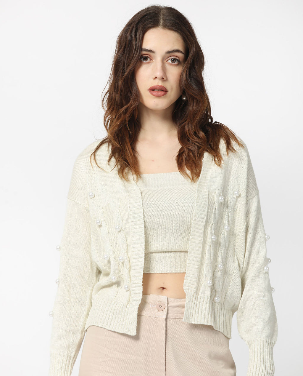 Rareism Women's Tunnel 1 Off White Viscose Collarless Embellished Balloon Sleeve Regular Fit Sweater