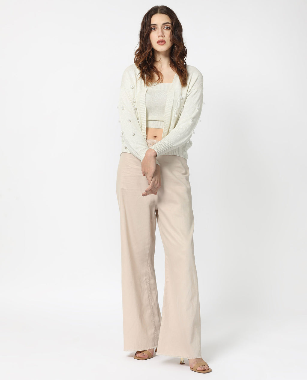 Rareism Women's Tunnel 1 Off White Viscose Collarless Embellished Balloon Sleeve Regular Fit Sweater