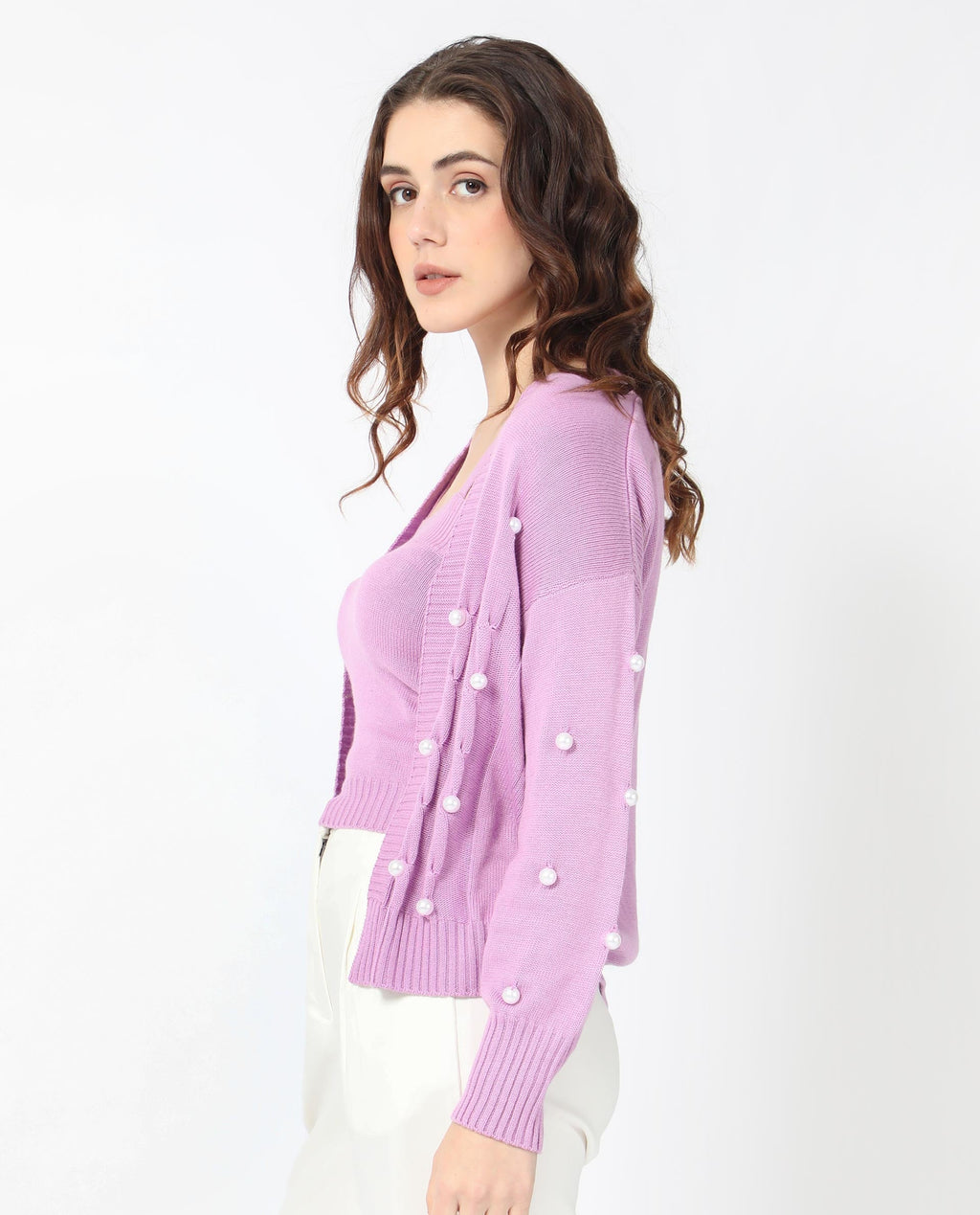 Rareism Women's Tunnel 1 Pastel Purple Viscose Collarless Embellished Balloon Sleeve Regular Fit Sweater