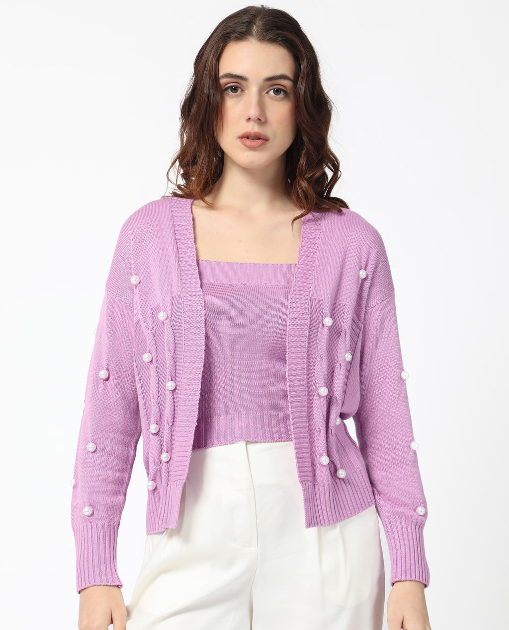 Rareism Women's Tunnel 1 Pastel Purple Viscose Collarless Embellished Balloon Sleeve Regular Fit Sweater