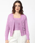 Rareism Women's Tunnel 1 Pastel Purple Viscose Collarless Embellished Balloon Sleeve Regular Fit Sweater