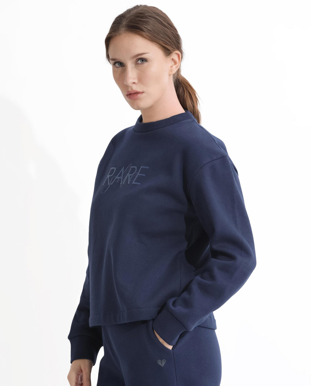 Rareism Women's Tuppen Navy Polyester Blend Crew Neck Printed Relaxed Fit Sweatshirt