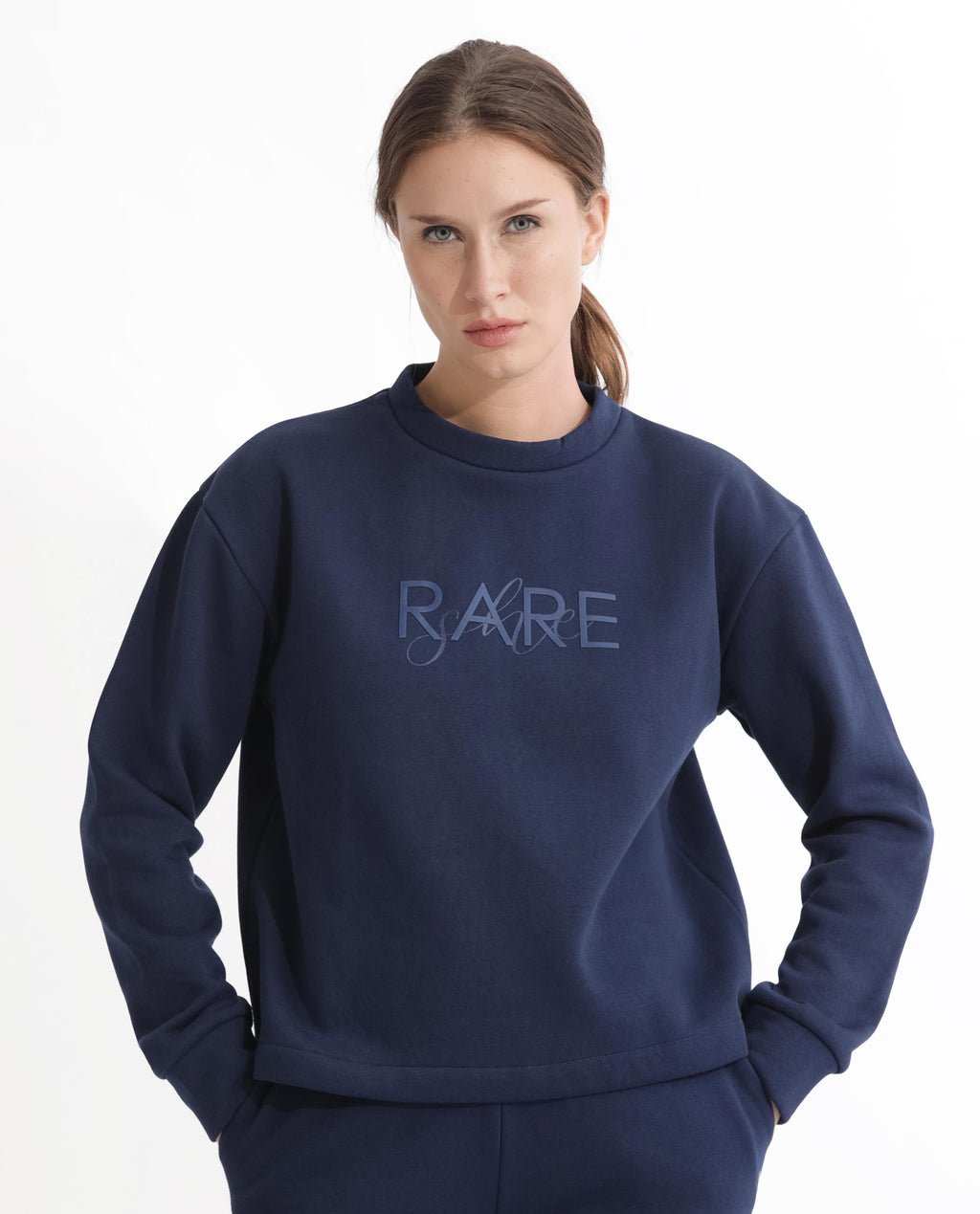 Rareism Women's Tuppen Navy Polyester Blend Crew Neck Printed Relaxed Fit Sweatshirt