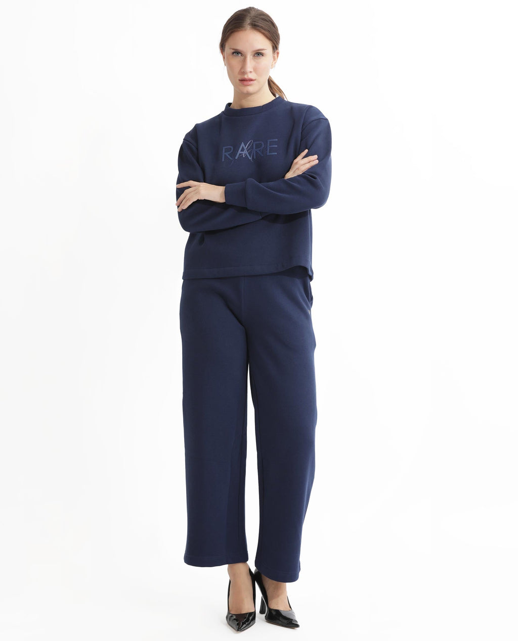 Rareism Women's Tuppen Navy Polyester Blend Crew Neck Printed Relaxed Fit Sweatshirt