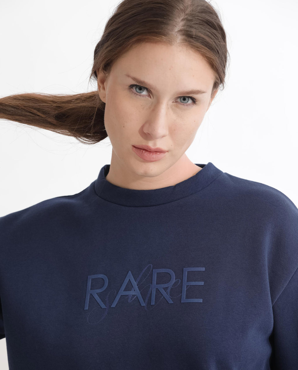 Rareism Women's Tuppen Navy Polyester Blend Crew Neck Printed Relaxed Fit Sweatshirt