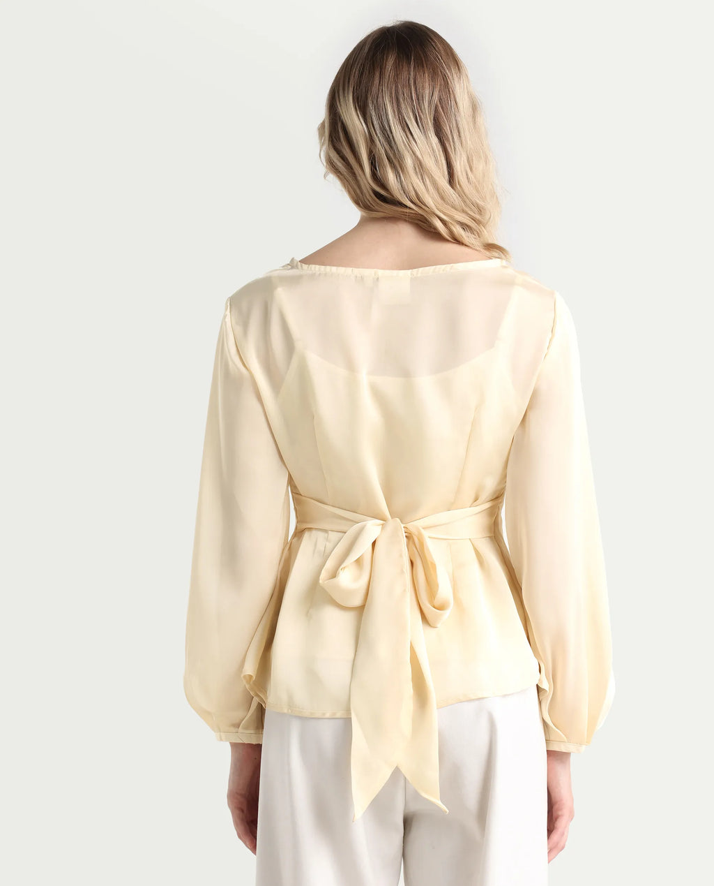 Rareism Women's Turin Beige Polyester Mandarin Collar Plain Balloon Sleeve Regular Fit Top