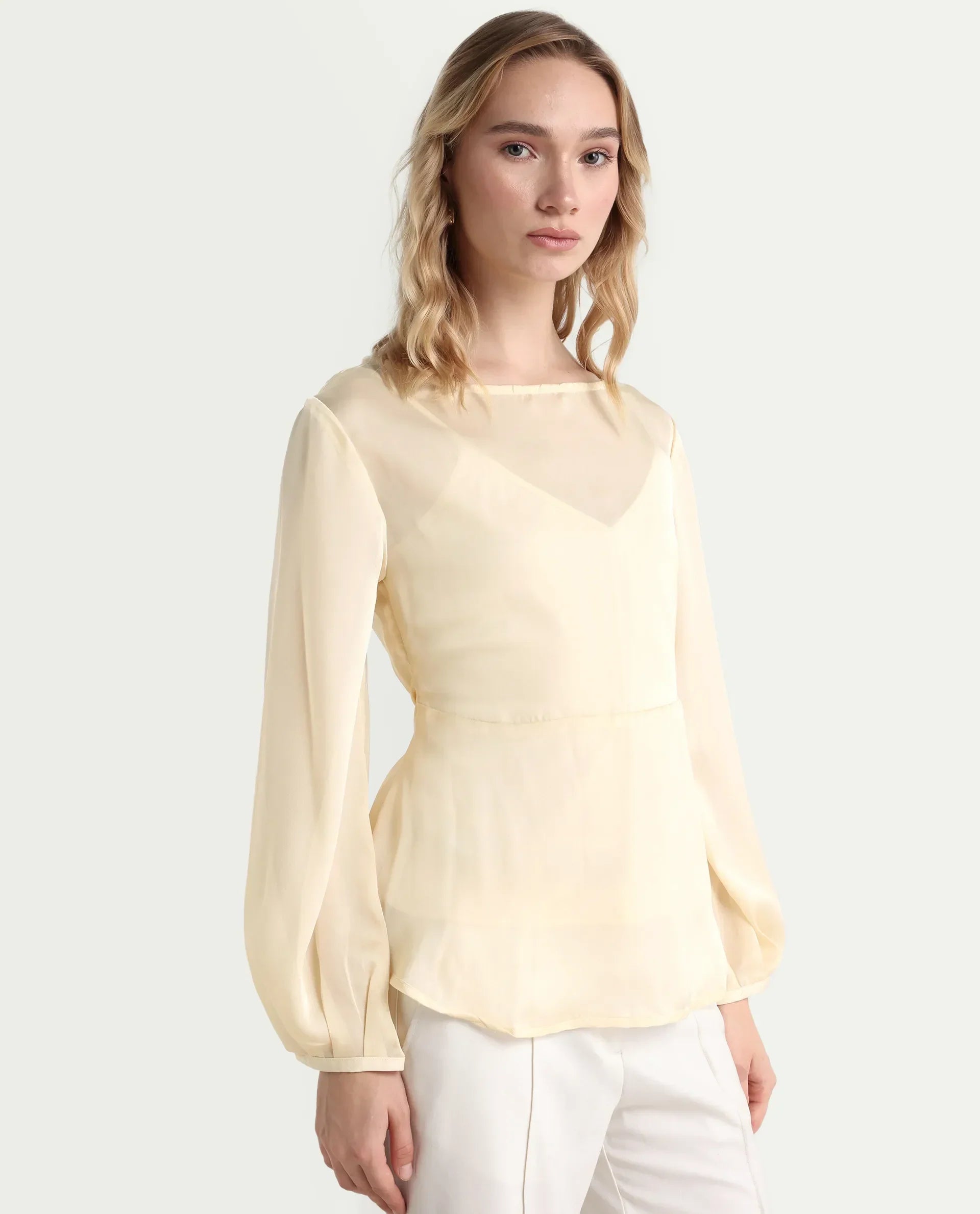 Rareism Women's Turin Beige Polyester Mandarin Collar Plain Balloon Sleeve Regular Fit Top
