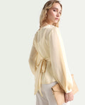 Rareism Women's Turin Beige Polyester Mandarin Collar Plain Balloon Sleeve Regular Fit Top