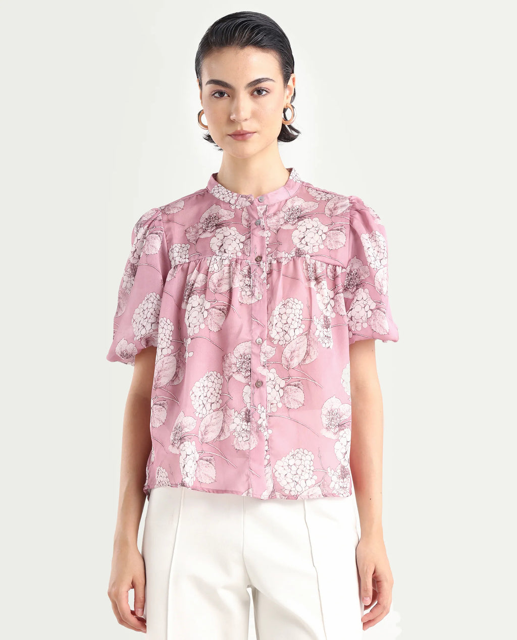 Rareism Women's Turino Dusky Pink Polyester Mandarin Collar Floral Print Balloon Sleeve Regular Fit Top