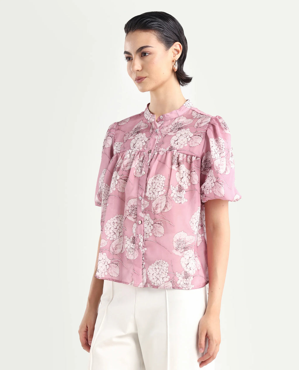 Rareism Women's Turino Dusky Pink Polyester Mandarin Collar Floral Print Balloon Sleeve Regular Fit Top