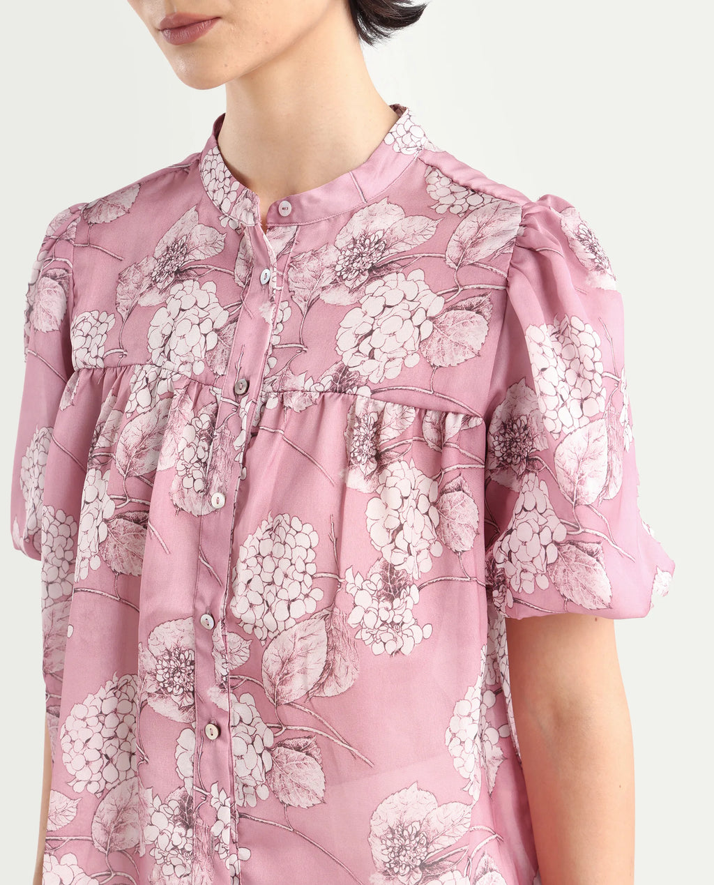 Rareism Women's Turino Dusky Pink Polyester Mandarin Collar Floral Print Balloon Sleeve Regular Fit Top