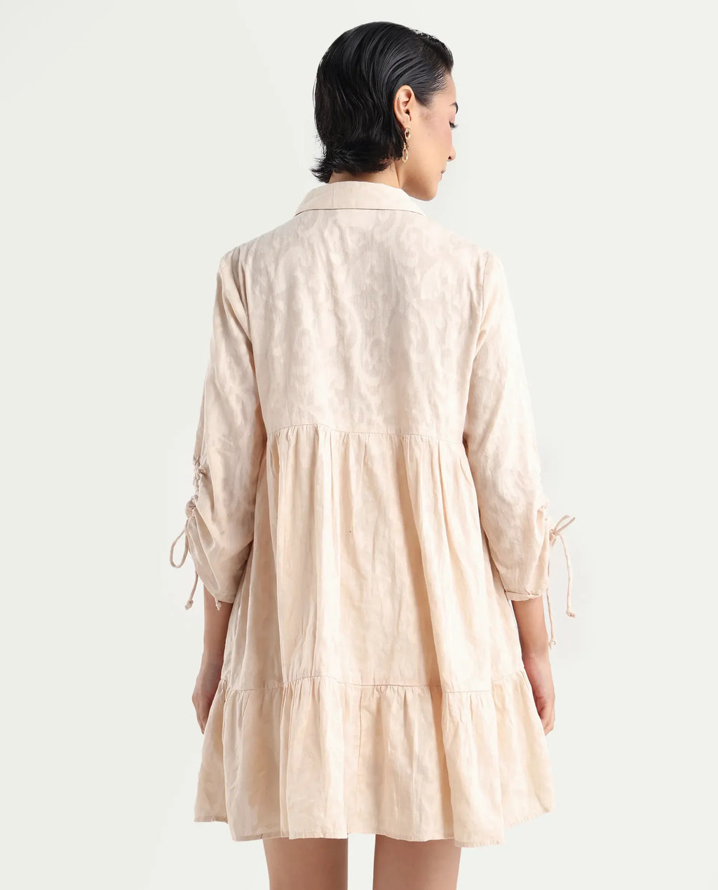 Rareism Women's Tyra Beige Cotton Spread Collar Printed Mini Relaxed Fit Dress