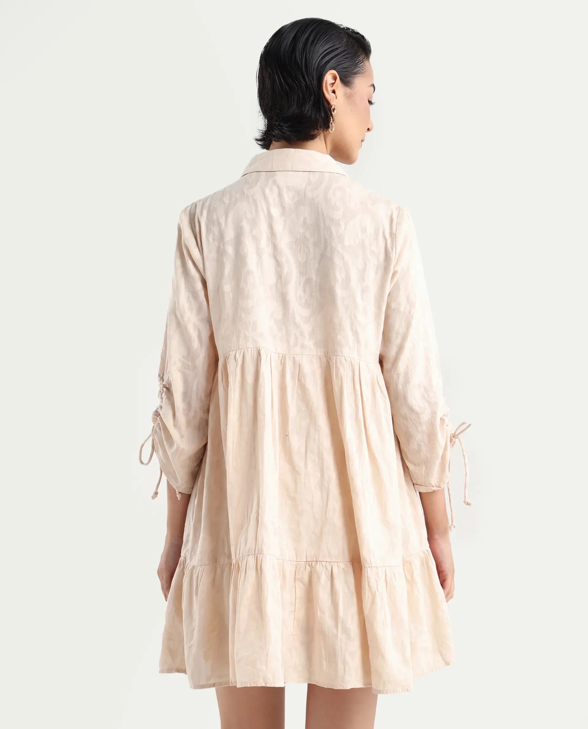 Rareism Women's Tyra Beige Cotton Spread Collar Printed Mini Relaxed Fit Dress