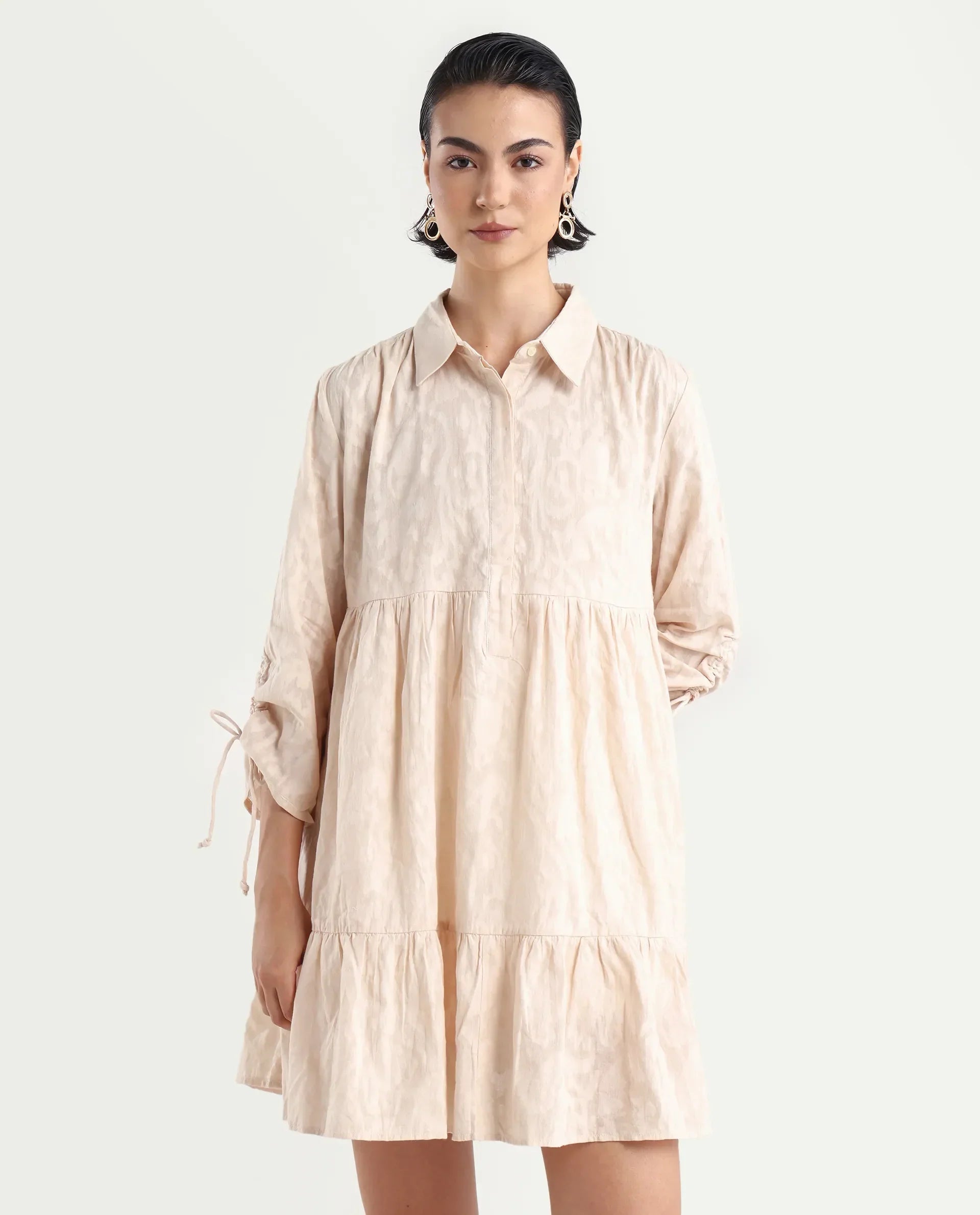 Rareism Women's Tyra Beige Cotton Spread Collar Printed Mini Relaxed Fit Dress