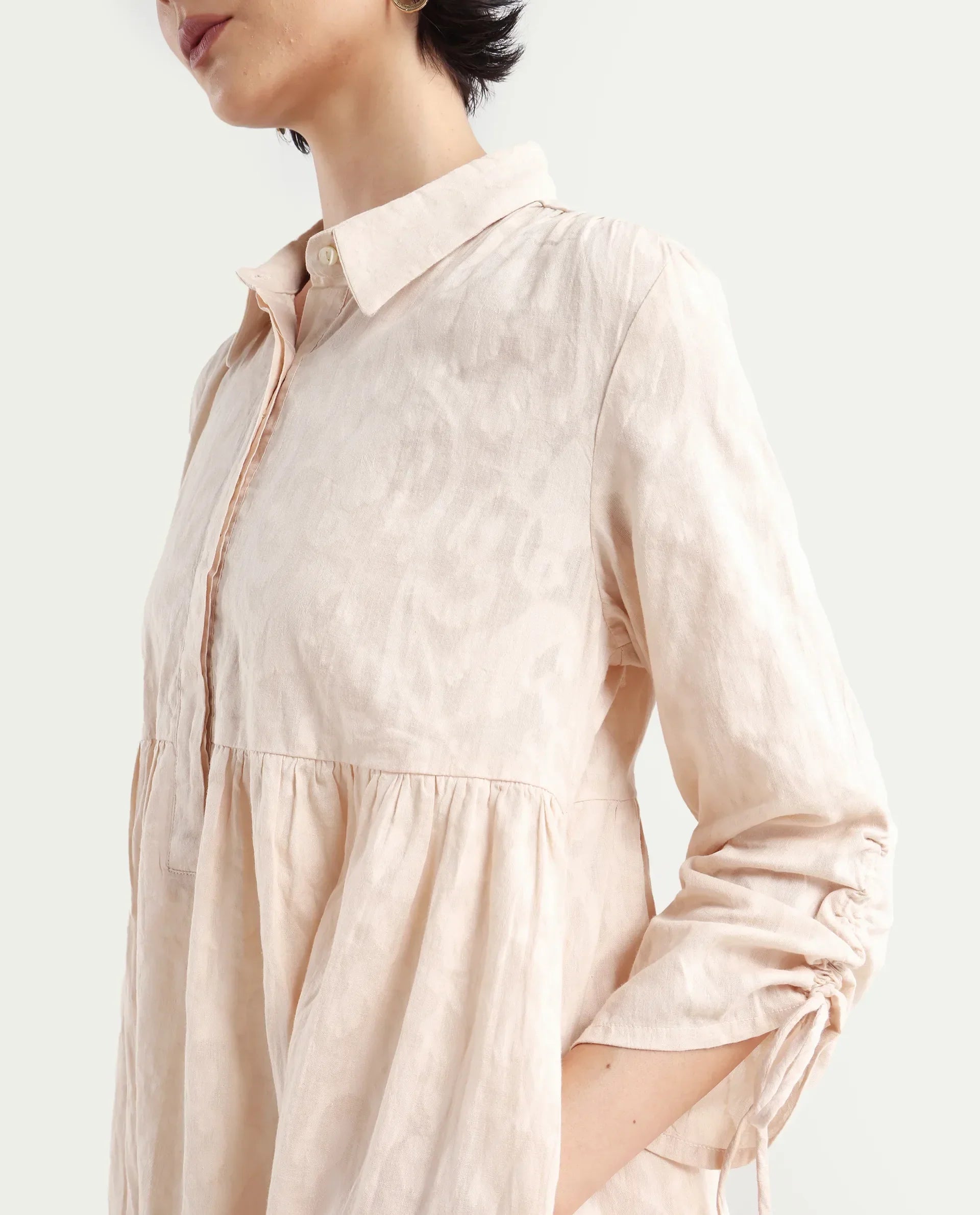 Rareism Women's Tyra Beige Cotton Spread Collar Printed Mini Relaxed Fit Dress