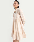 Rareism Women's Tyra Beige Cotton Spread Collar Printed Mini Relaxed Fit Dress