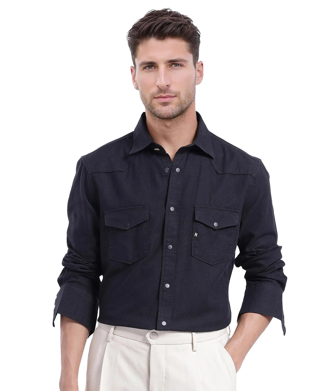 Rare Rabbit Men's Tyson-1 Black Cotton Plain Regular Fit Full Sleeve Collared Shirt