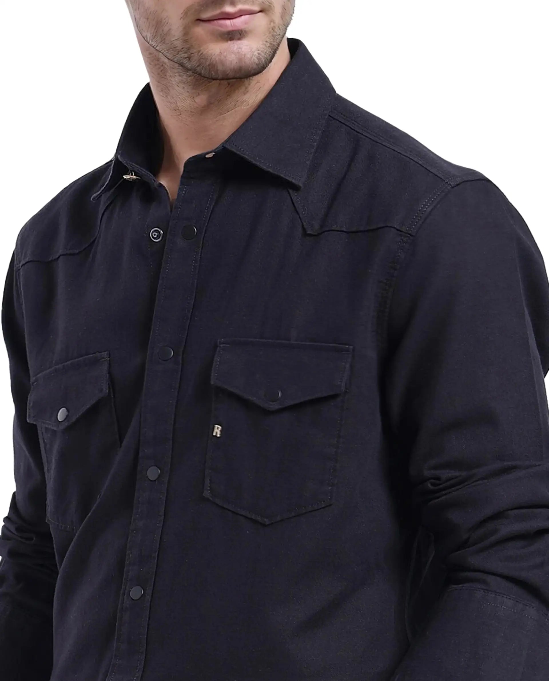 Rare Rabbit Men's Tyson-1 Black Cotton Plain Regular Fit Full Sleeve Collared Shirt