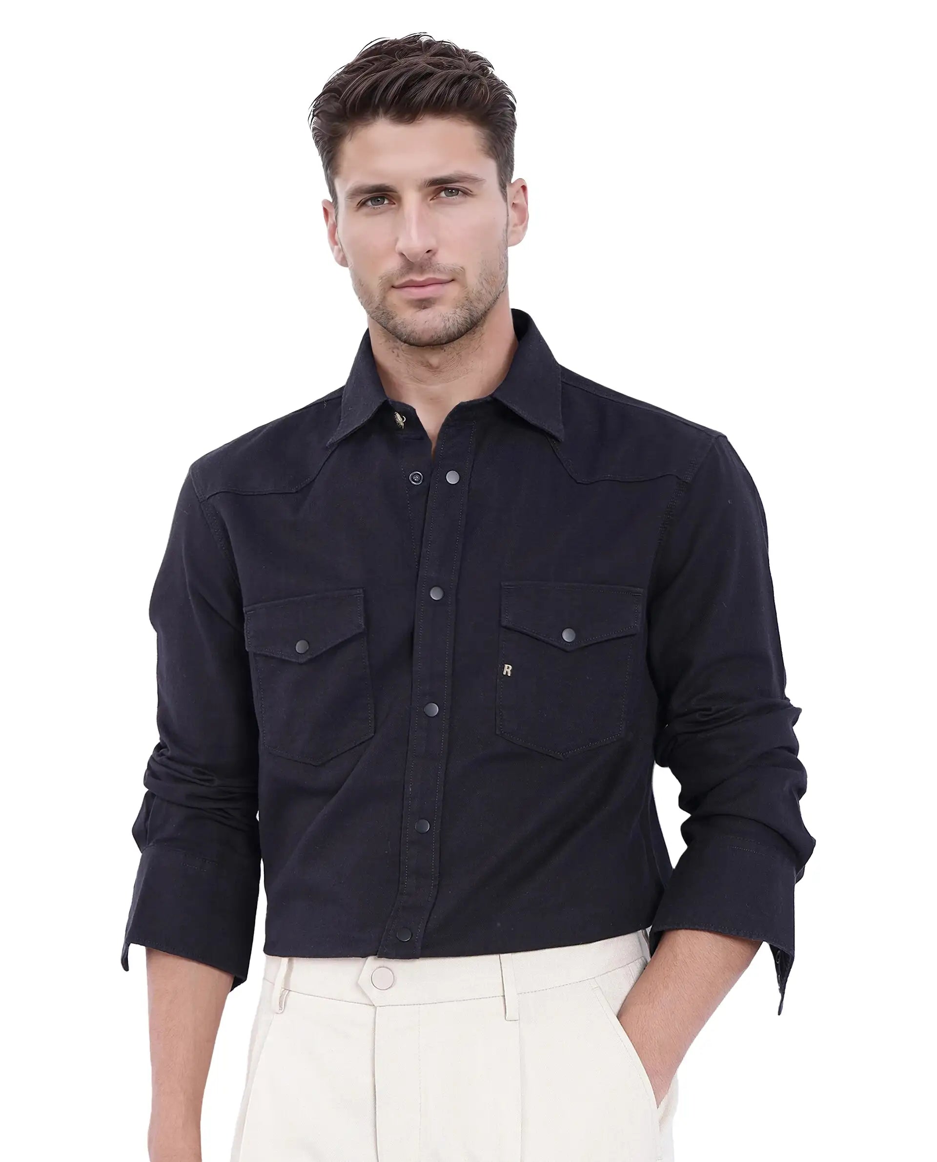 Rare Rabbit Men's Tyson-1 Black Cotton Plain Regular Fit Full Sleeve Collared Shirt