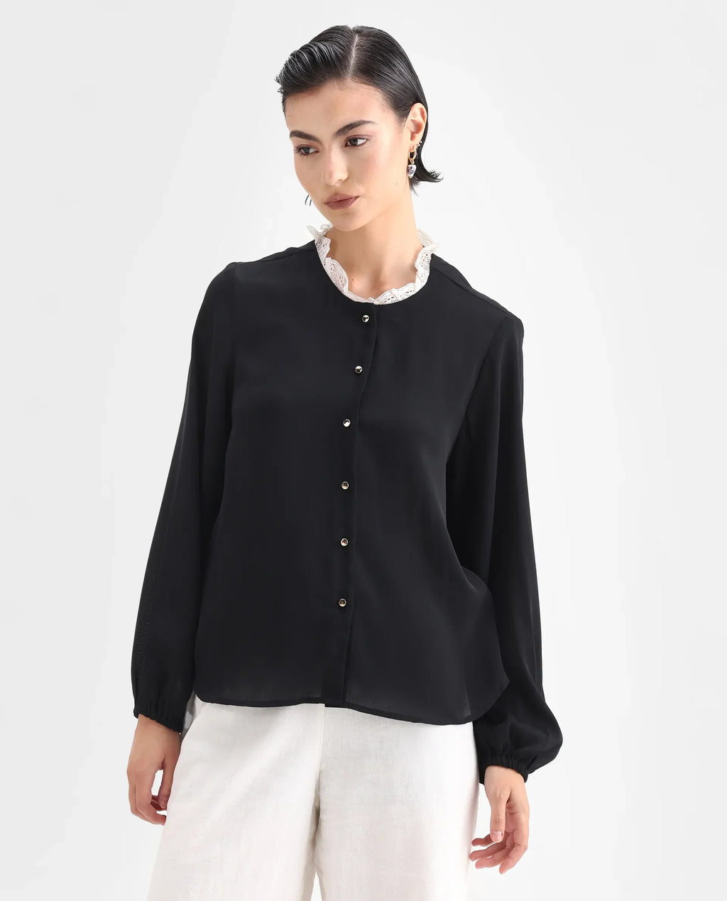 Rareism Women's Ubik Black Polyester Blend Crew Neck Plain Bishop Sleeve Regular Fit Top