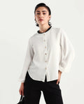 Rareism Women's Ubik White Polyester Blend Crew Neck Plain Bishop Sleeve Regular Fit Top