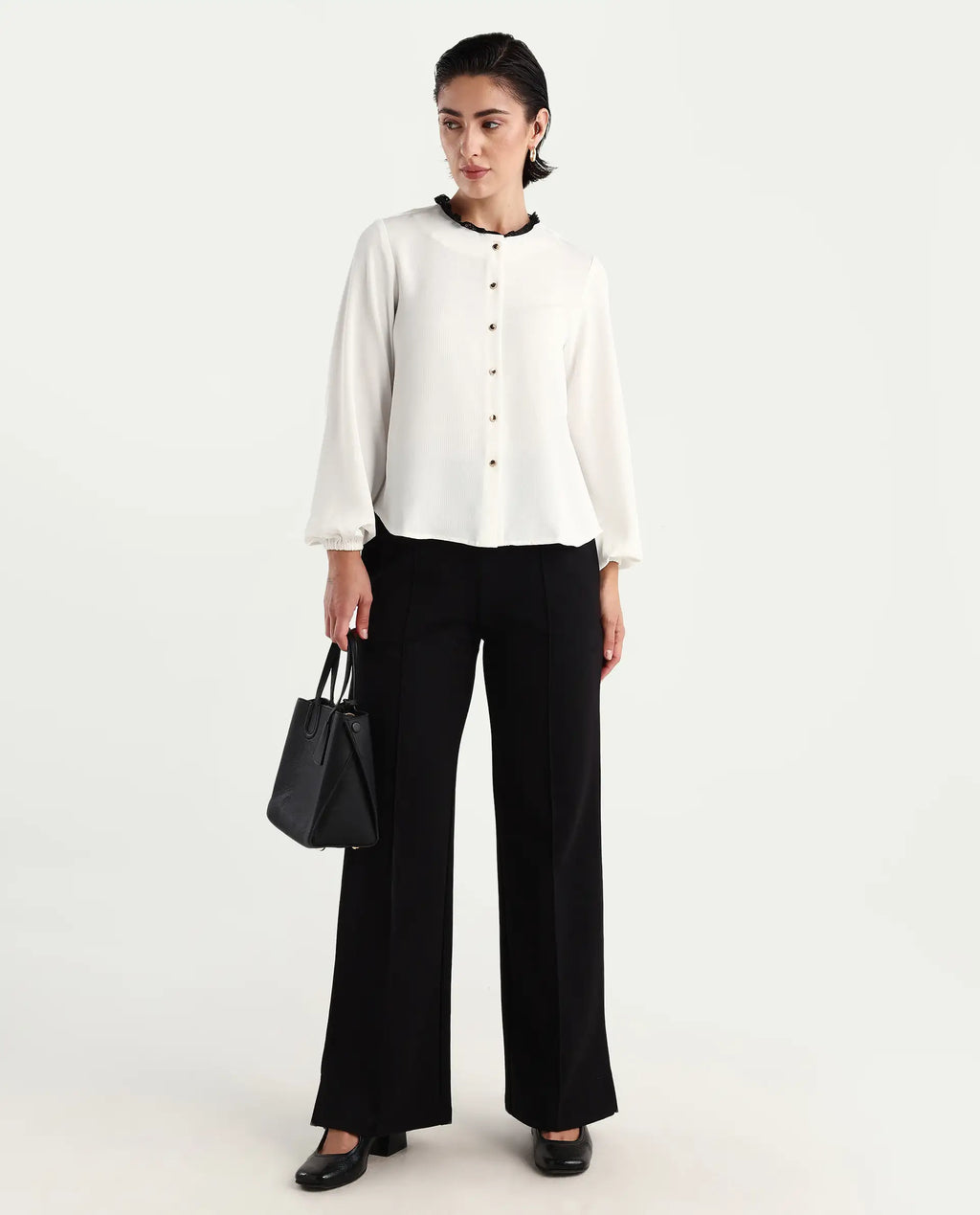 Rareism Women's Ubik White Polyester Blend Crew Neck Plain Bishop Sleeve Regular Fit Top