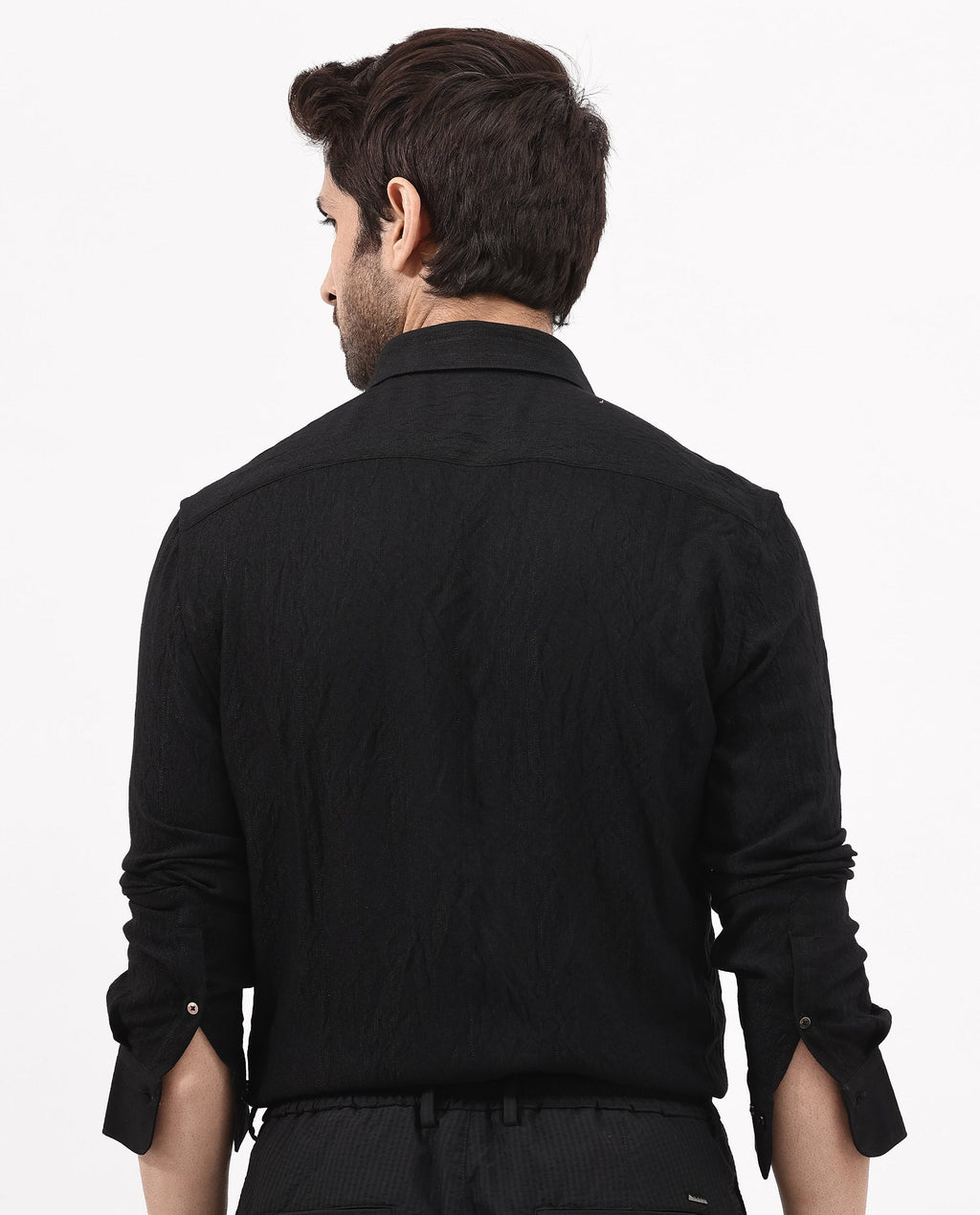 Rare Rabbit Men's Ufa Black Cotton Plain Regular Fit Full Sleeve Collared Shirt