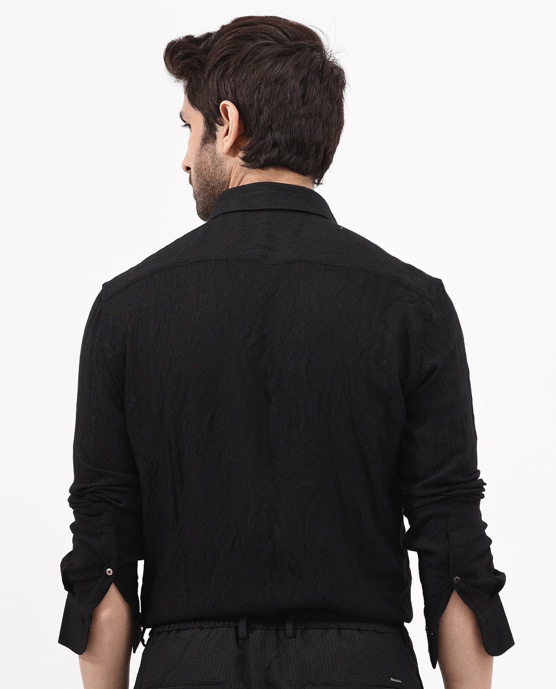 Rare Rabbit Men's Ufa Black Cotton Plain Regular Fit Full Sleeve Collared Shirt