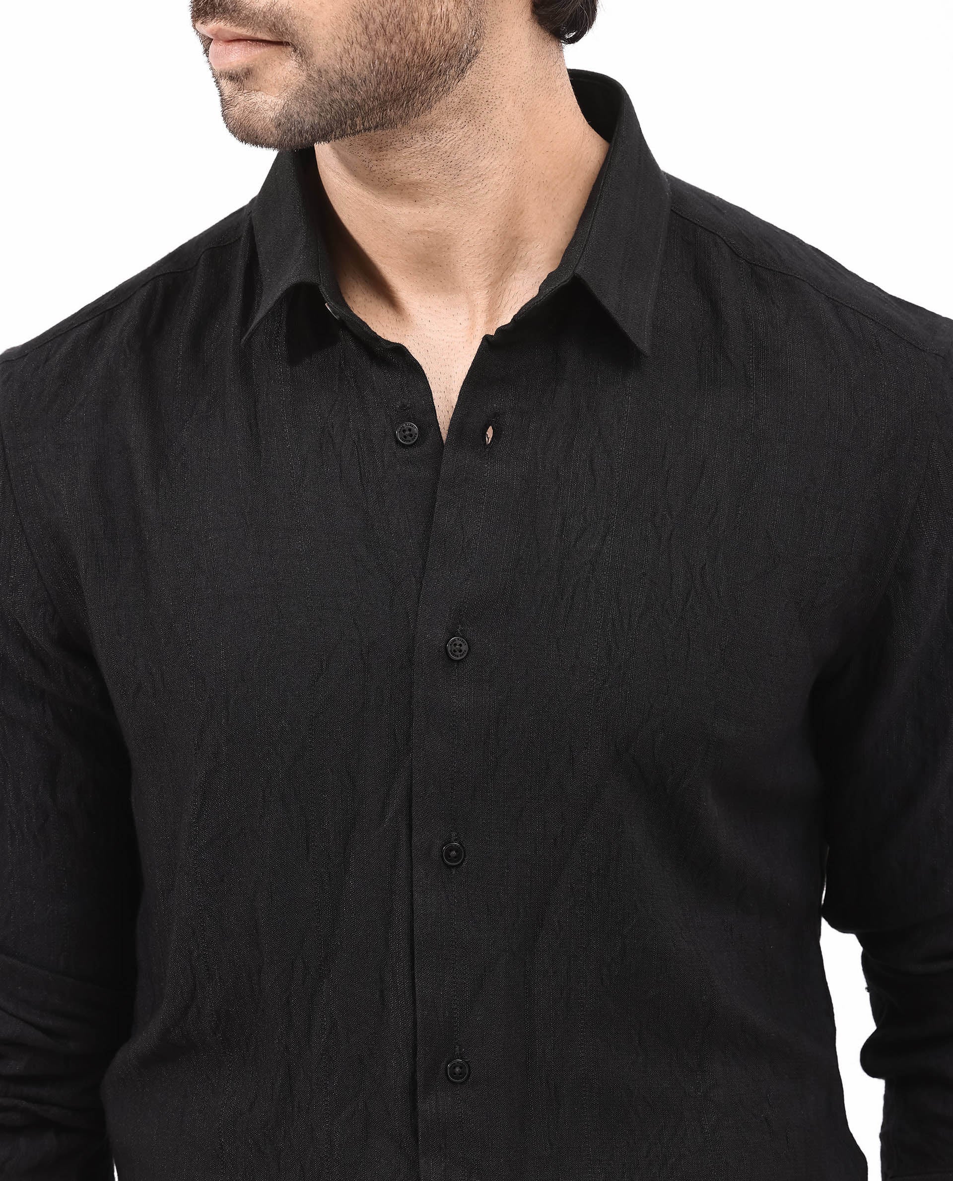 Rare Rabbit Men's Ufa Black Cotton Plain Regular Fit Full Sleeve Collared Shirt