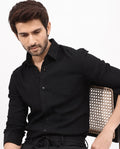 Rare Rabbit Men's Ufa Black Cotton Plain Regular Fit Full Sleeve Collared Shirt