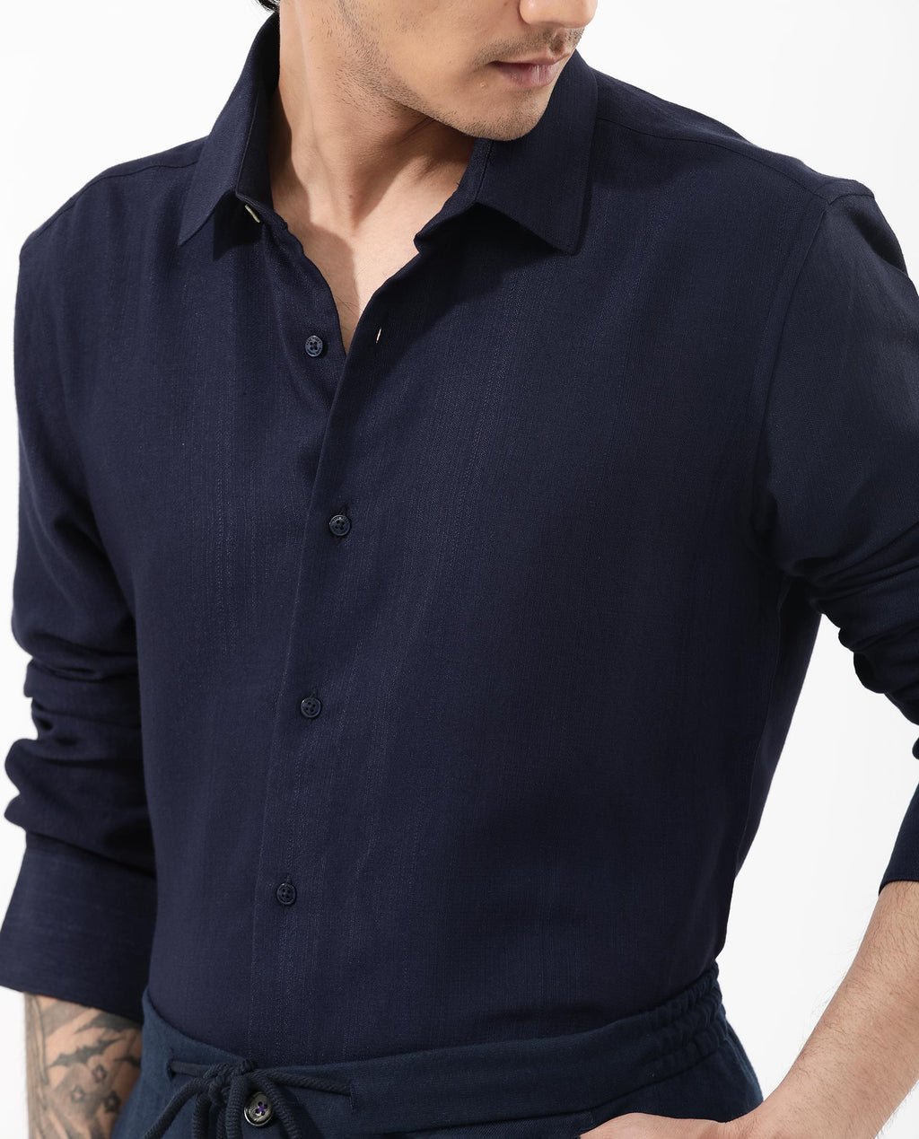 Rare Rabbit Men's Ufa Navy Viscose Plain Regular Fit Full Sleeve Collared Shirt