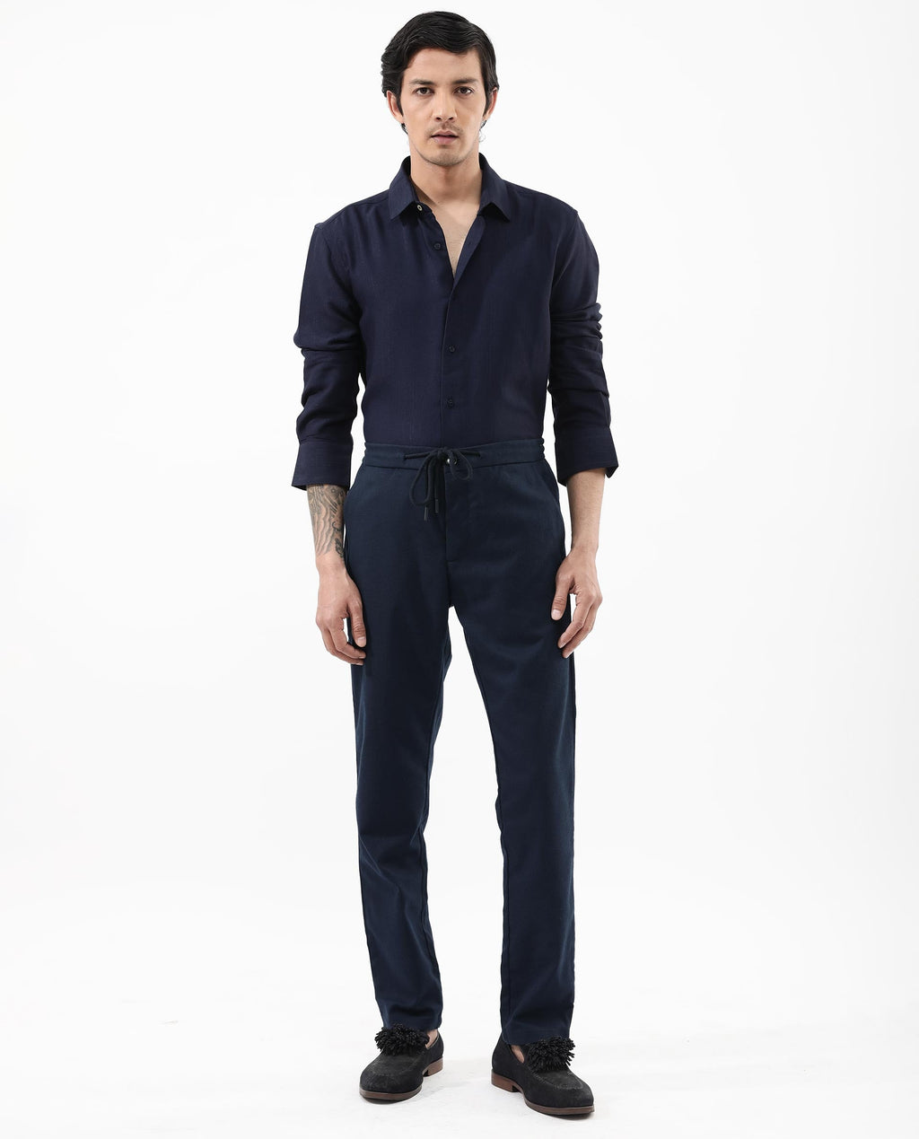 Rare Rabbit Men's Ufa Navy Viscose Plain Regular Fit Full Sleeve Collared Shirt