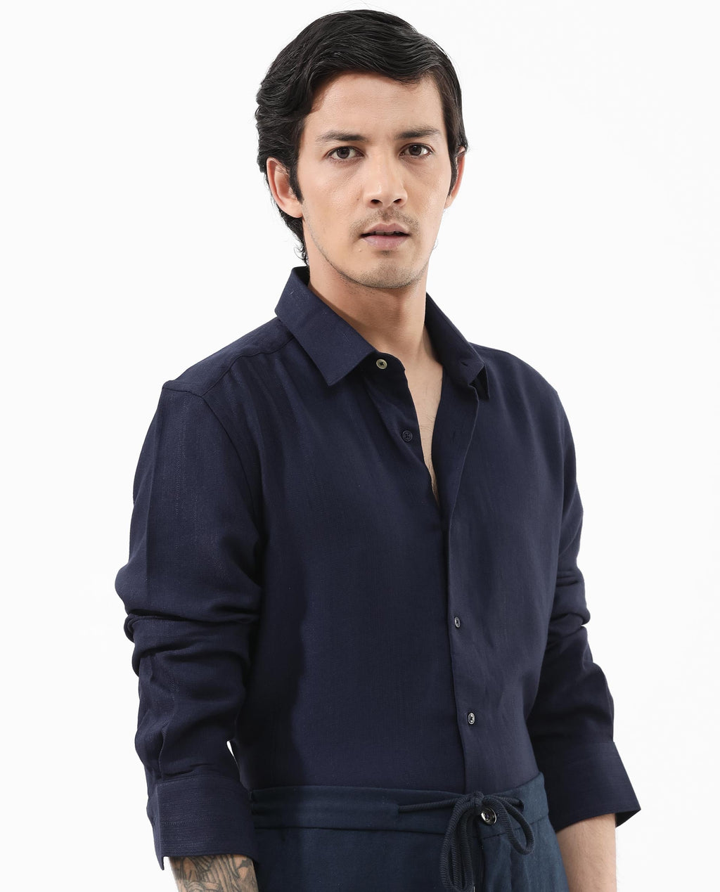 Rare Rabbit Men's Ufa Navy Viscose Plain Regular Fit Full Sleeve Collared Shirt