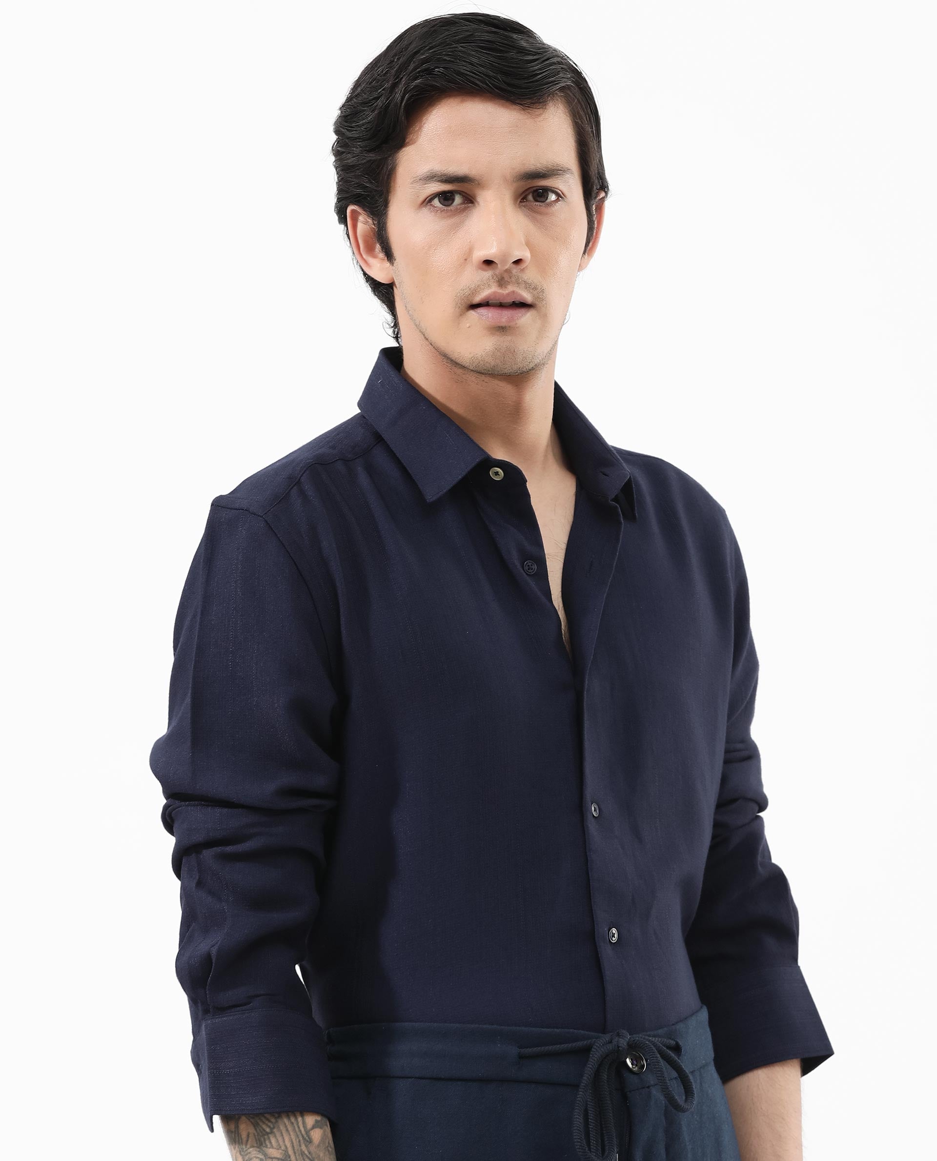 Rare Rabbit Men's Ufa Navy Viscose Plain Regular Fit Full Sleeve Collared Shirt