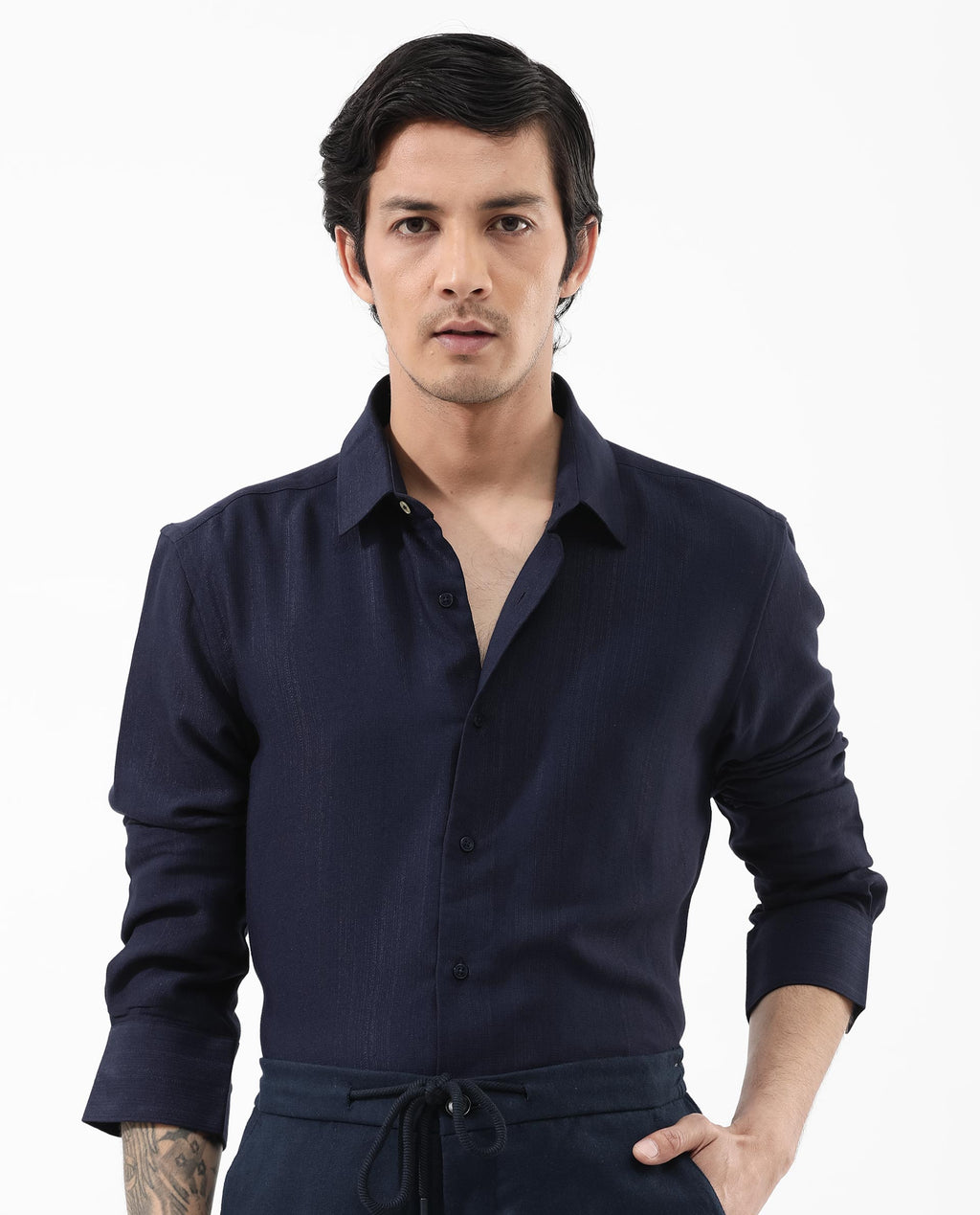 Rare Rabbit Men's Ufa Navy Viscose Plain Regular Fit Full Sleeve Collared Shirt