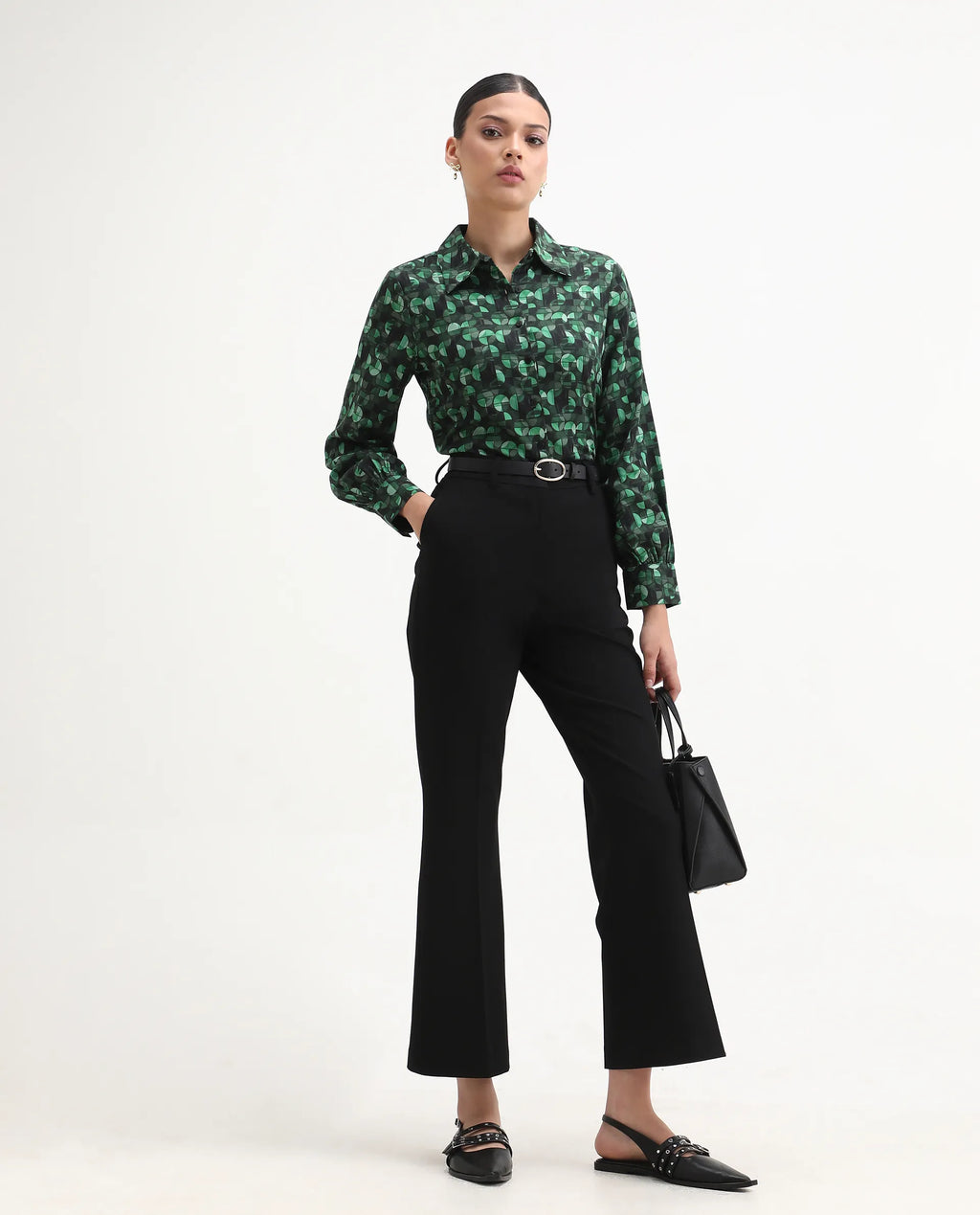 Rareism Women's Unio Dark Green Polyester Drop Collar Geometric Print Cuffed Sleeve Regular Fit Shirt
