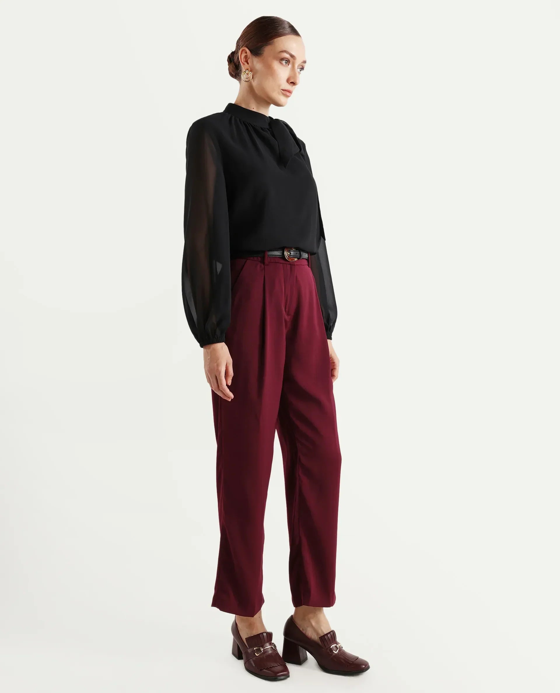 Rareism Women's Urap Dark Maroon Polyester Blend Plain Ankle Length Straight Fit Trouser