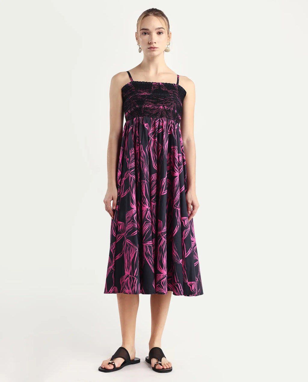 Rareism Women's Utjola Black Cotton Tube Neck Abstract Print Sleeveless Midi Fit And Flare Dress