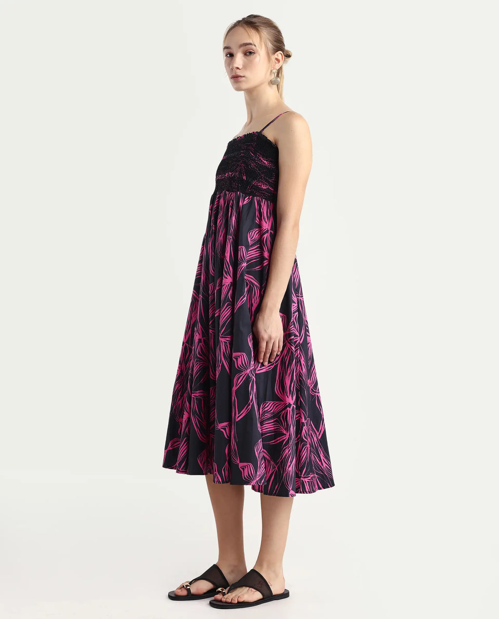 Rareism Women's Utjola Black Cotton Tube Neck Abstract Print Sleeveless Midi Fit And Flare Dress