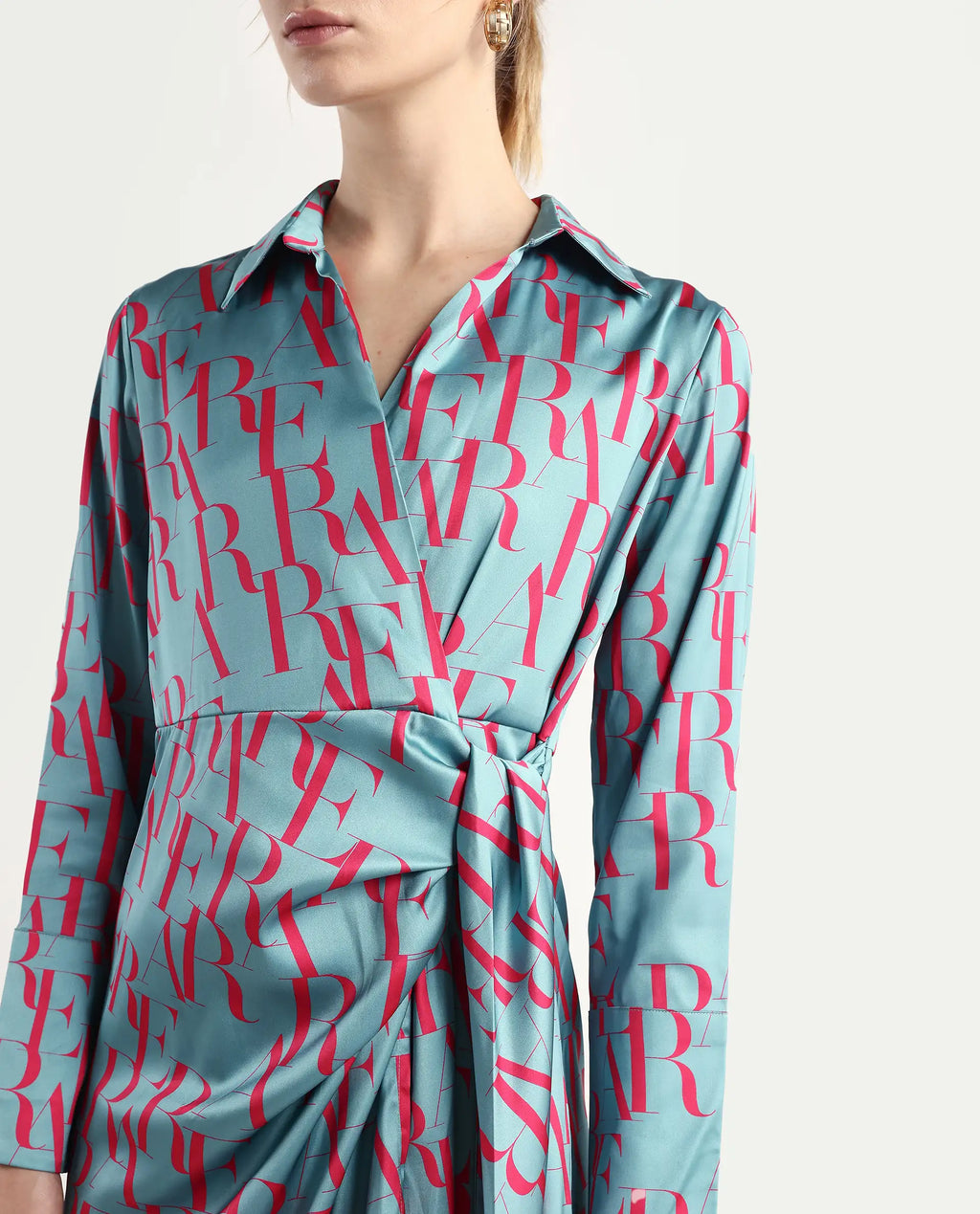 Rareism Women's Utklala Green Polyester Overlap Neck Monogram Print Cuffed Sleeve Mini Wrap Dress