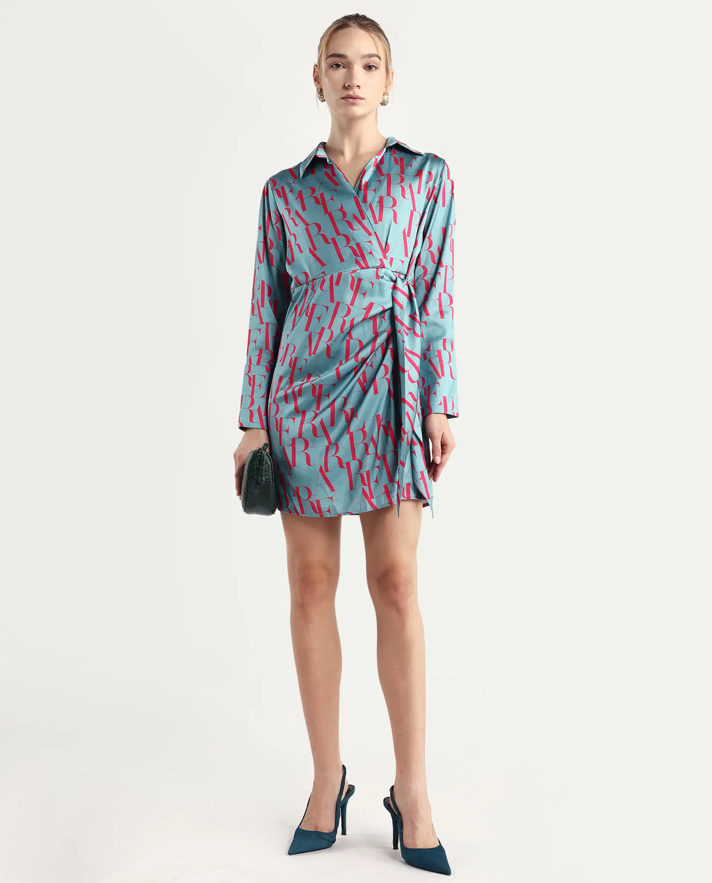 Rareism Women's Utklala Green Polyester Overlap Neck Monogram Print Cuffed Sleeve Mini Wrap Dress