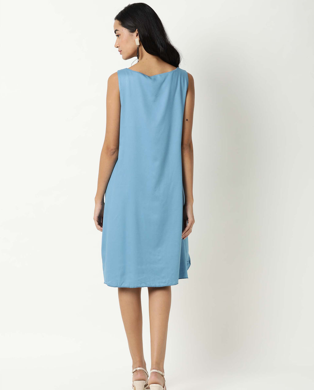 Rareism Women's Clenzo Blue Tencel Crew Neck Plain Sleeveless Knee Length Regular Fit Dress