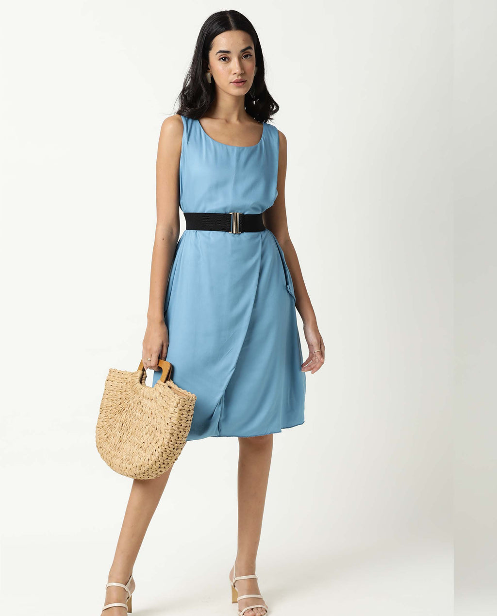 Rareism Women's Clenzo Blue Tencel Crew Neck Plain Sleeveless Knee Length Regular Fit Dress