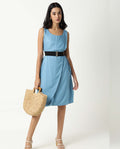 Rareism Women's Clenzo Blue Tencel Crew Neck Plain Sleeveless Knee Length Regular Fit Dress