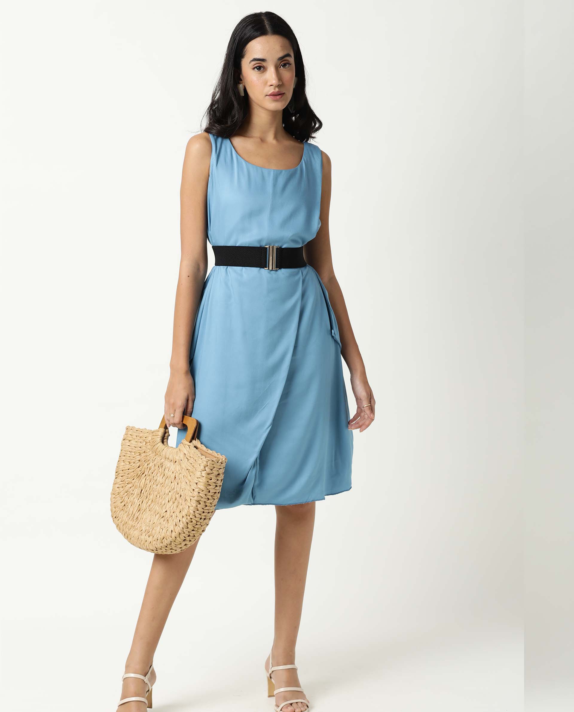 Rareism Women's Clenzo Blue Tencel Crew Neck Plain Sleeveless Knee Length Regular Fit Dress