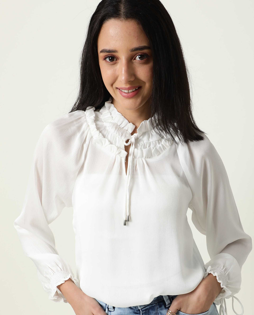 Rareism Women's Tremoe White Tie-Up Neck Plain Knee Length Regular Fit Top