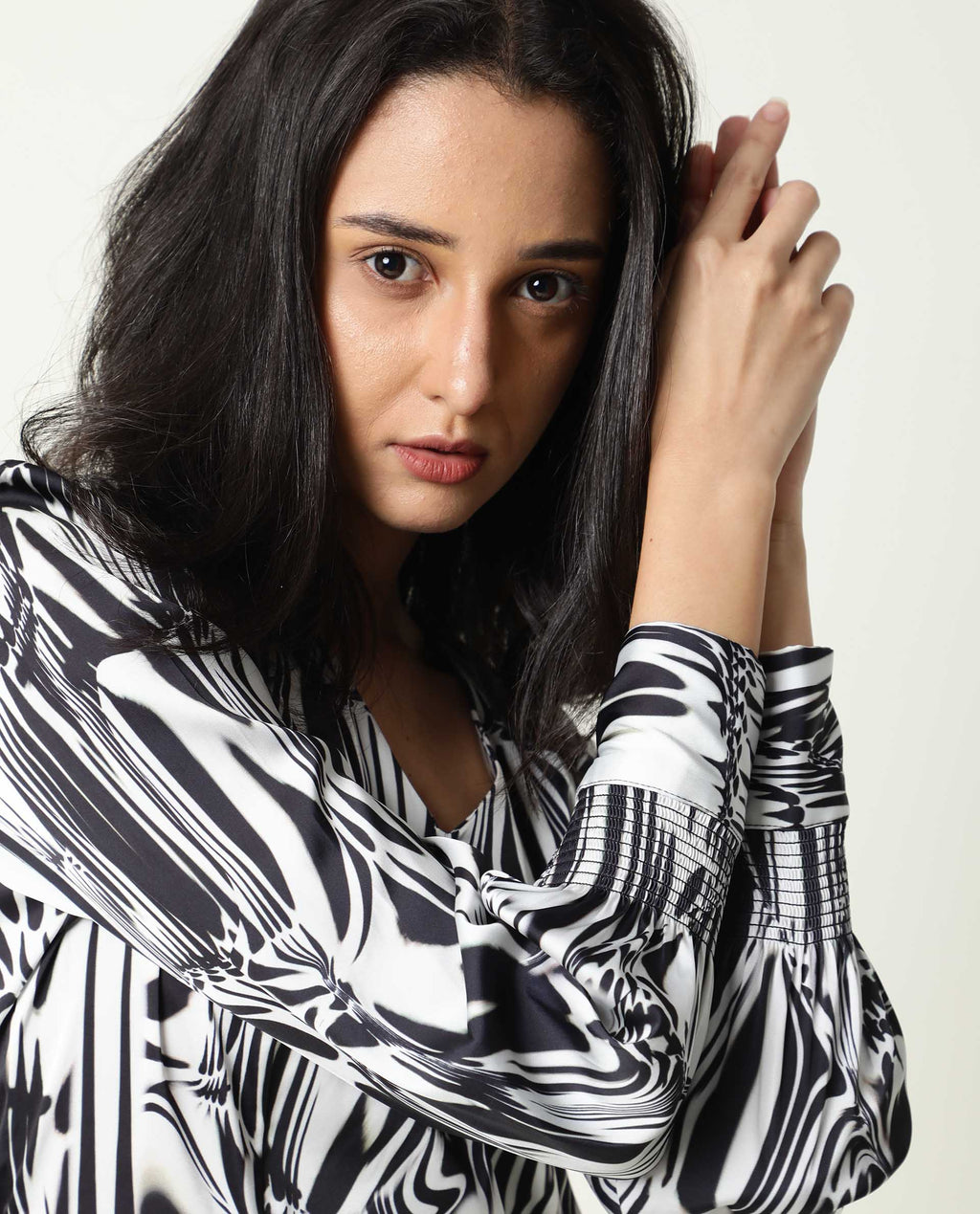 Rareism Women Fold Black Abstract Print Band Collar 3/4 Sleeves With Cuff Mini Dress