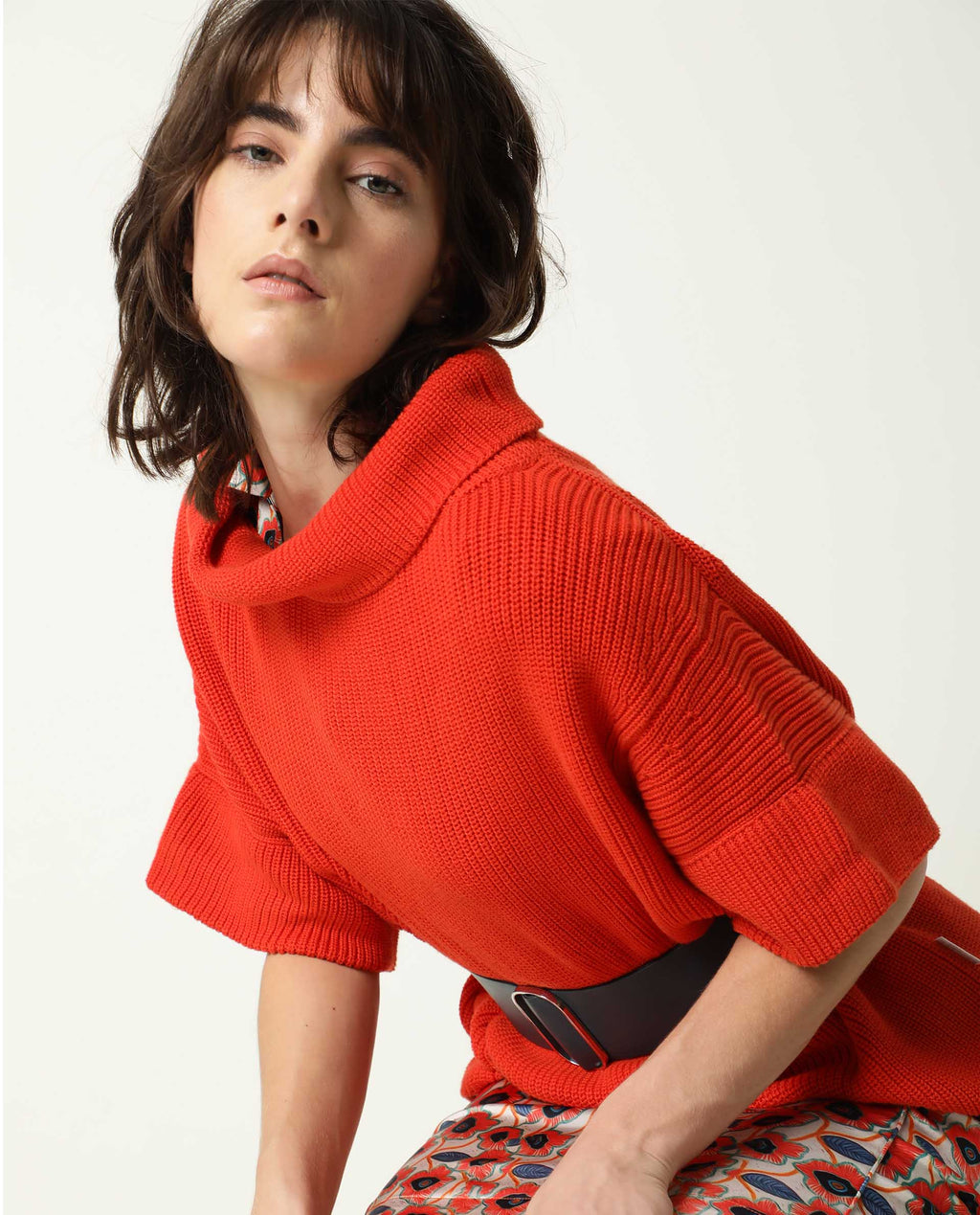 Rareism Women's Daffy Orange Cotton Cowl Neck Plain Cuffed Sleeve Relaxed Fit Sweater